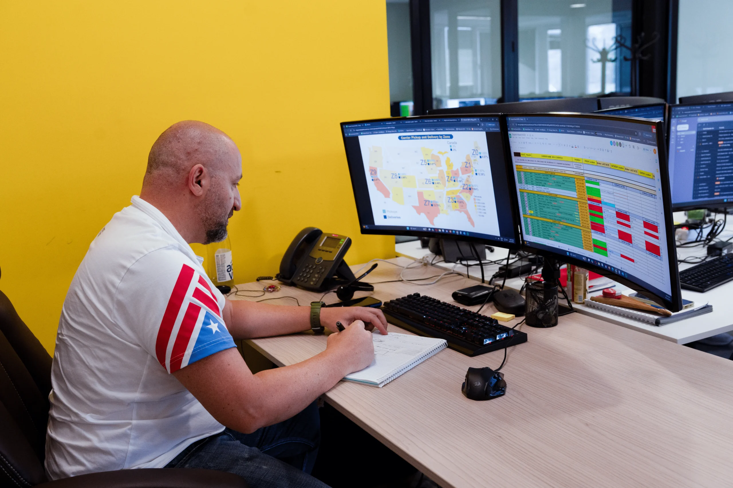 Dispatcher at House of Trucking tracking loads and analyzing routes on dual monitors