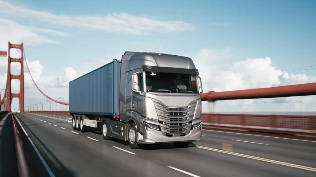 Modern semi-truck crossing the Golden Gate Bridge in San Francisco