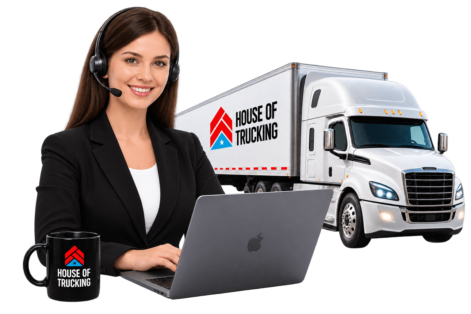 Driver recruitment service with dispatcher and truck driver in front of House of Trucking semi-truck